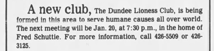 news paper clipping from the Cardunal Free Press, December 23, 1981 announcing A new club the Dundee Lioness club