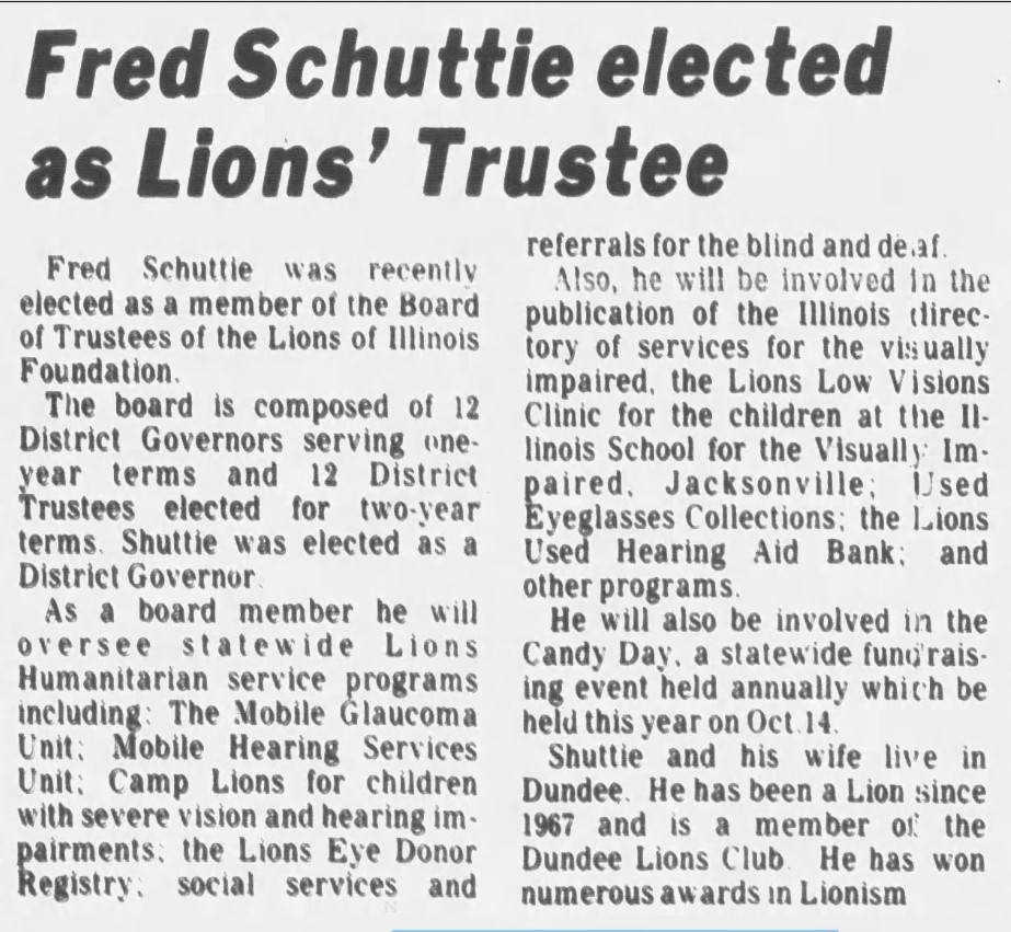 news paper clipping from Cardunal Free Press, June 17, 1983 saying that Fred Schuttie elected as Lion's Trustee