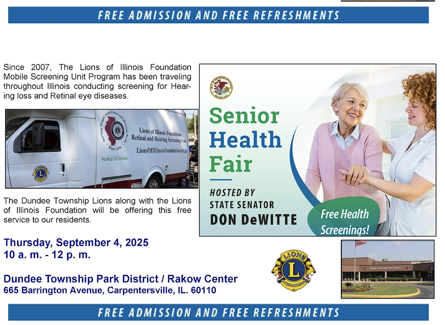 Senior Health Fair flyer September 4th at 10 am Dundee park district at Rakow center