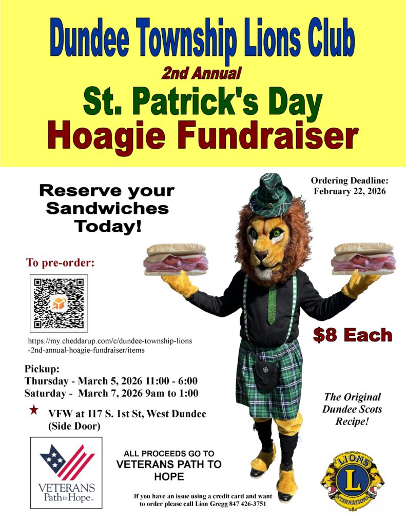 Dundee Lions club St Patrick's day Hoagie fundraiser flyer