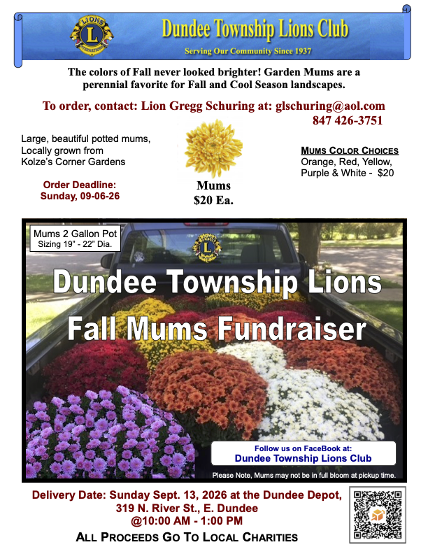 Dundee Townships Lion's Fall Mum's Fundraiser Flyer 2026